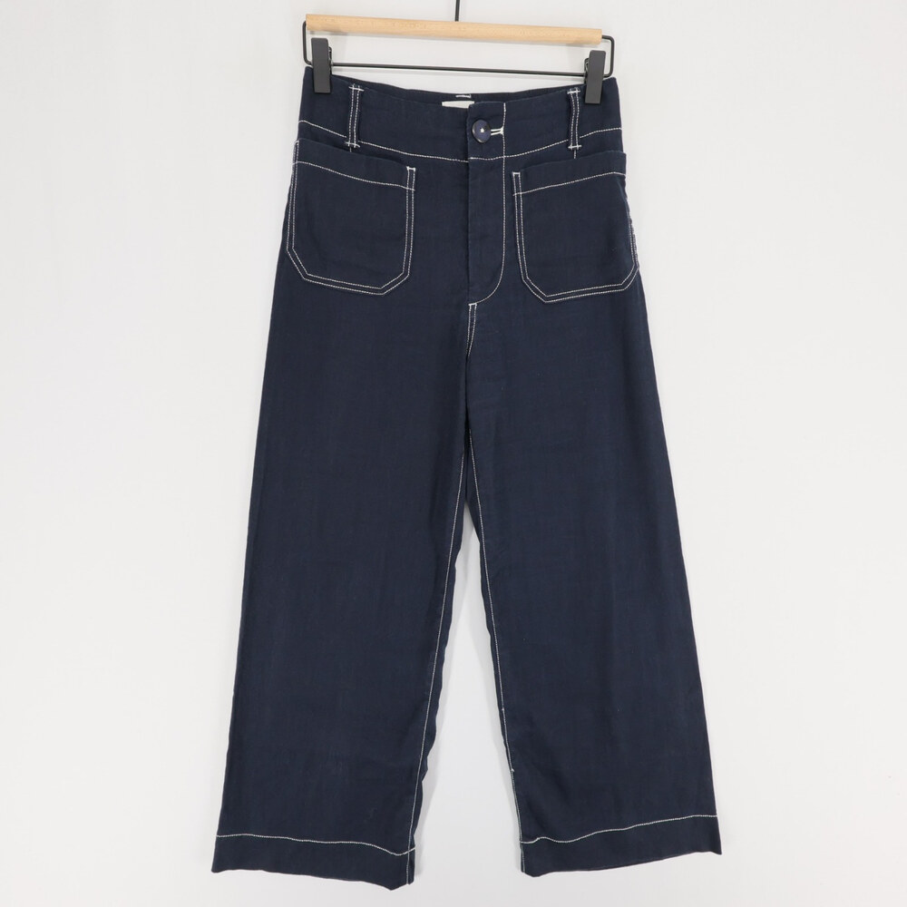 Maeve Colette Pant Womens 25 Blue Linen Blend Wide Leg High Rise Contrast Stitch